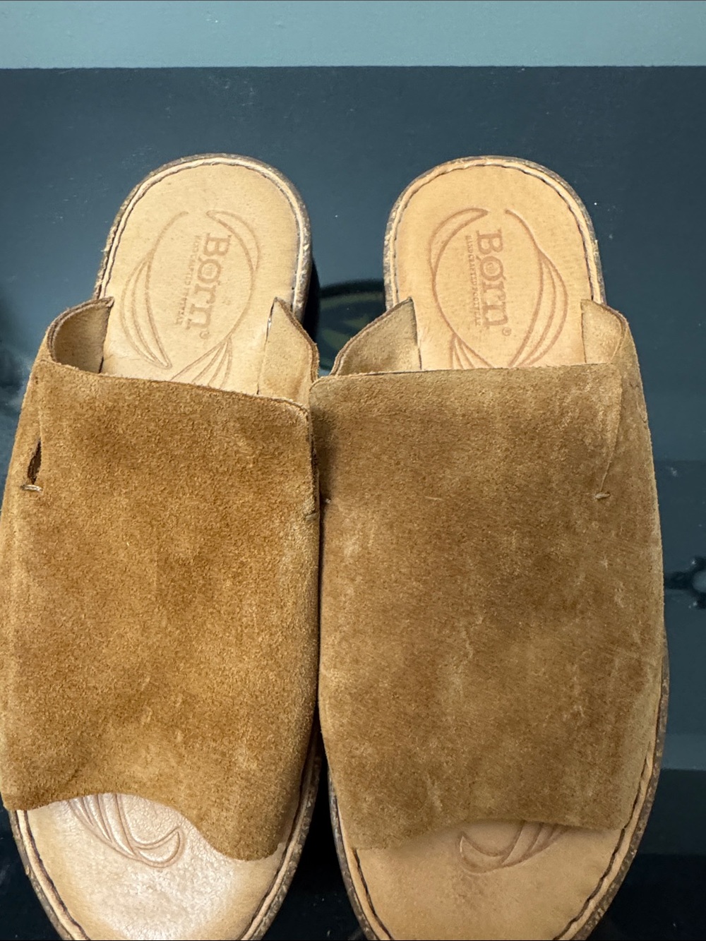 Born Womens Suede Slide Sandals in Cognac Brown
